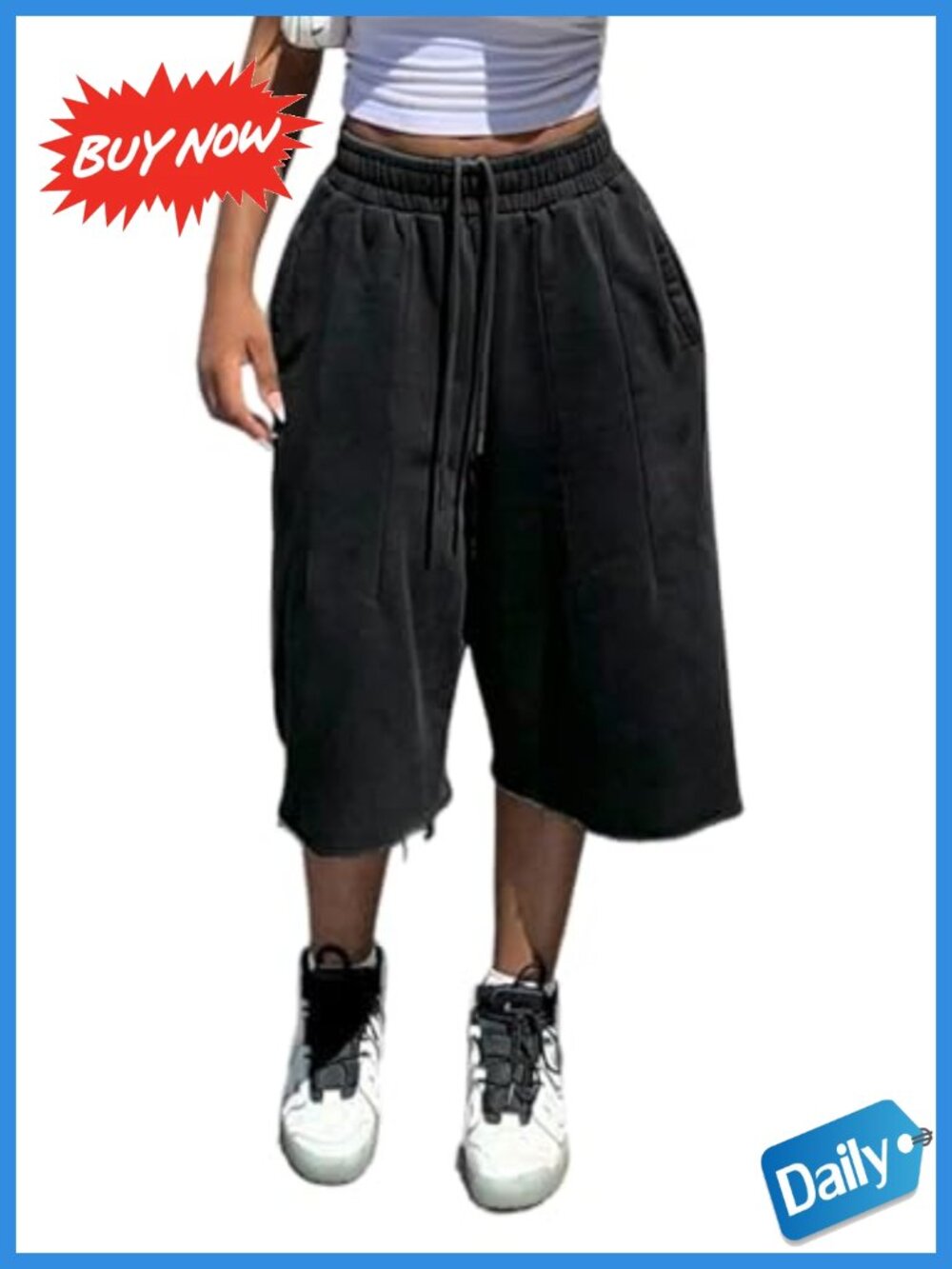 Womens Wide Leg Sweat Shorts Raw Hem Drawstring High Rise Capri Sweatpants